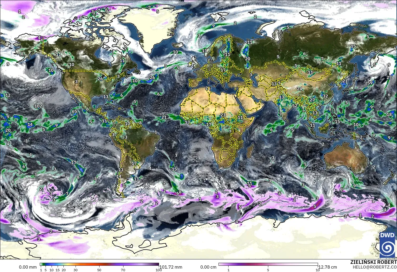 ICON modelo - Mundo, Precipitación, nubes y presión