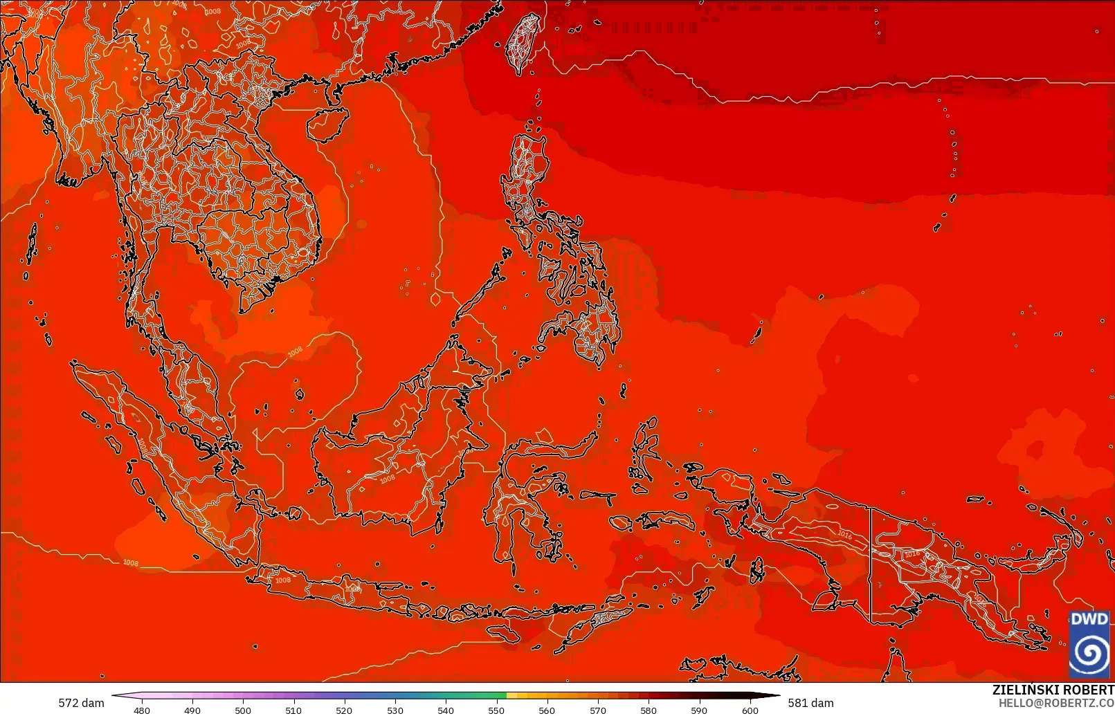 ICON modelo - Sudeste Asiático, Altura geopotencial a 500 hPa