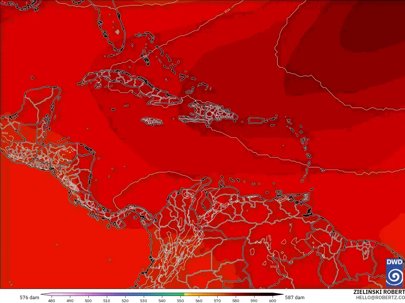 ICON modelo - Caribe, Altura geopotencial a 500 hPa