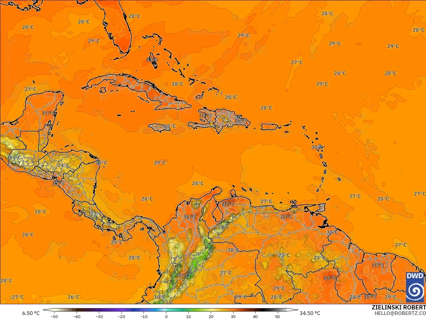 ICON modelo - Caribe, Temperatura a 2 m