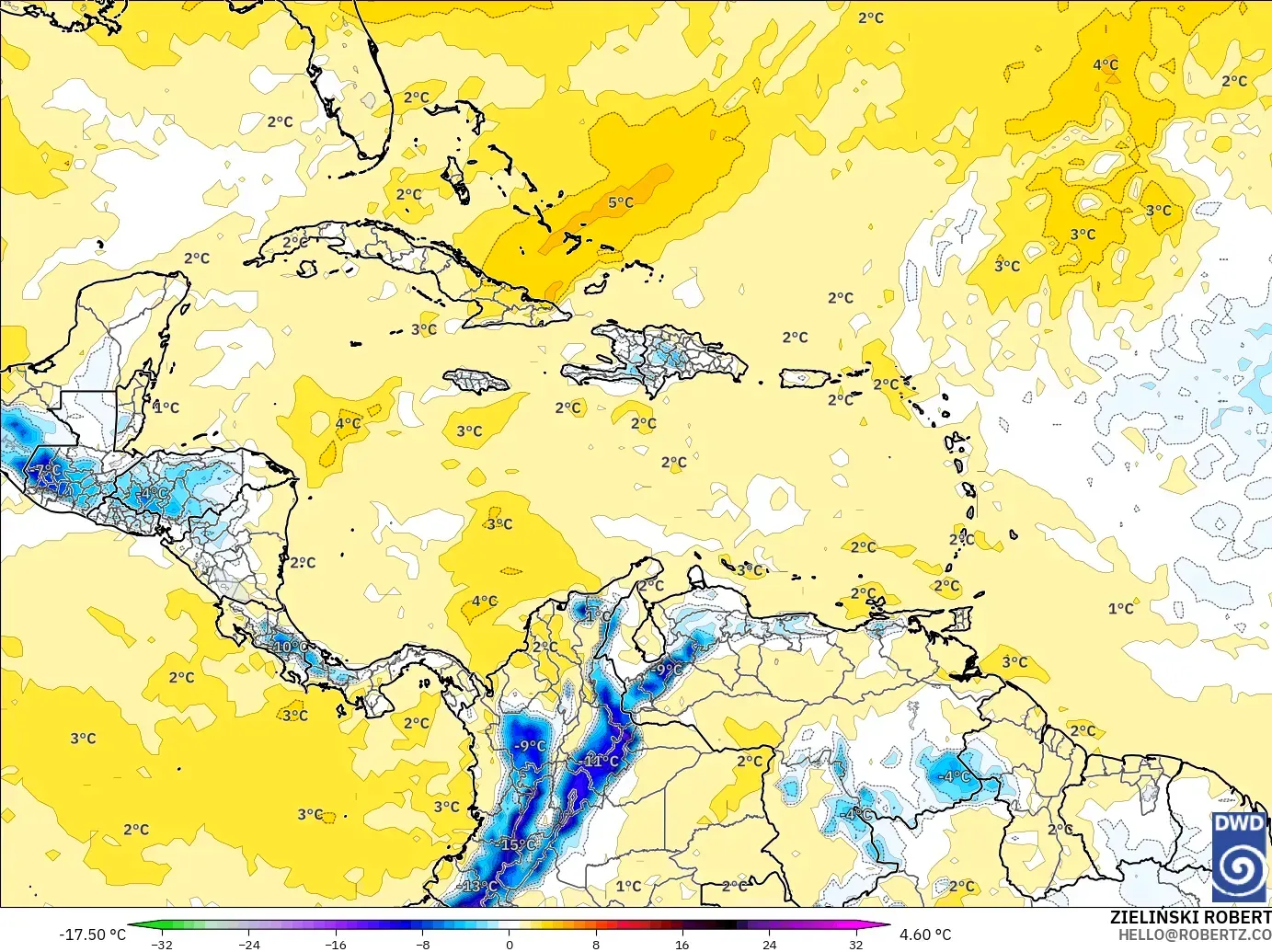 ICON modelo - Caribe, Anomalía de temperatura a 850 hPa