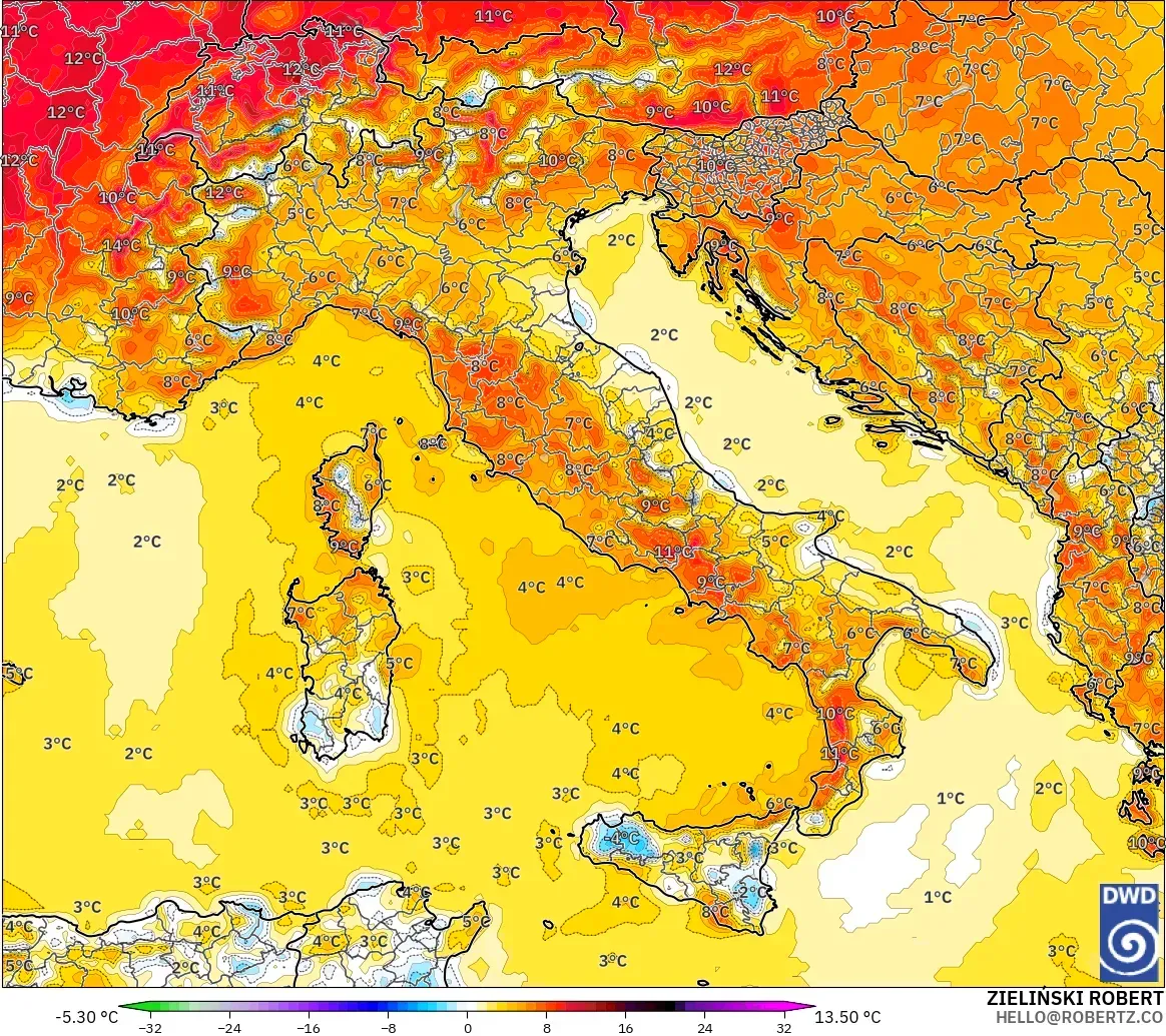 ICON modelo - Italia, Anomalía de temperatura a 2 m