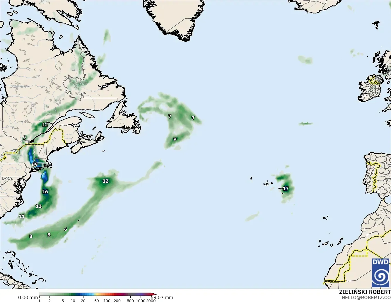 ICON modelo - Norte Atlántico, Acumulación de precipitación