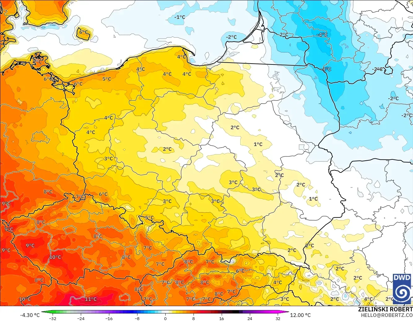 ICON modelo - Polonia, Anomalía de temperatura a 2 m