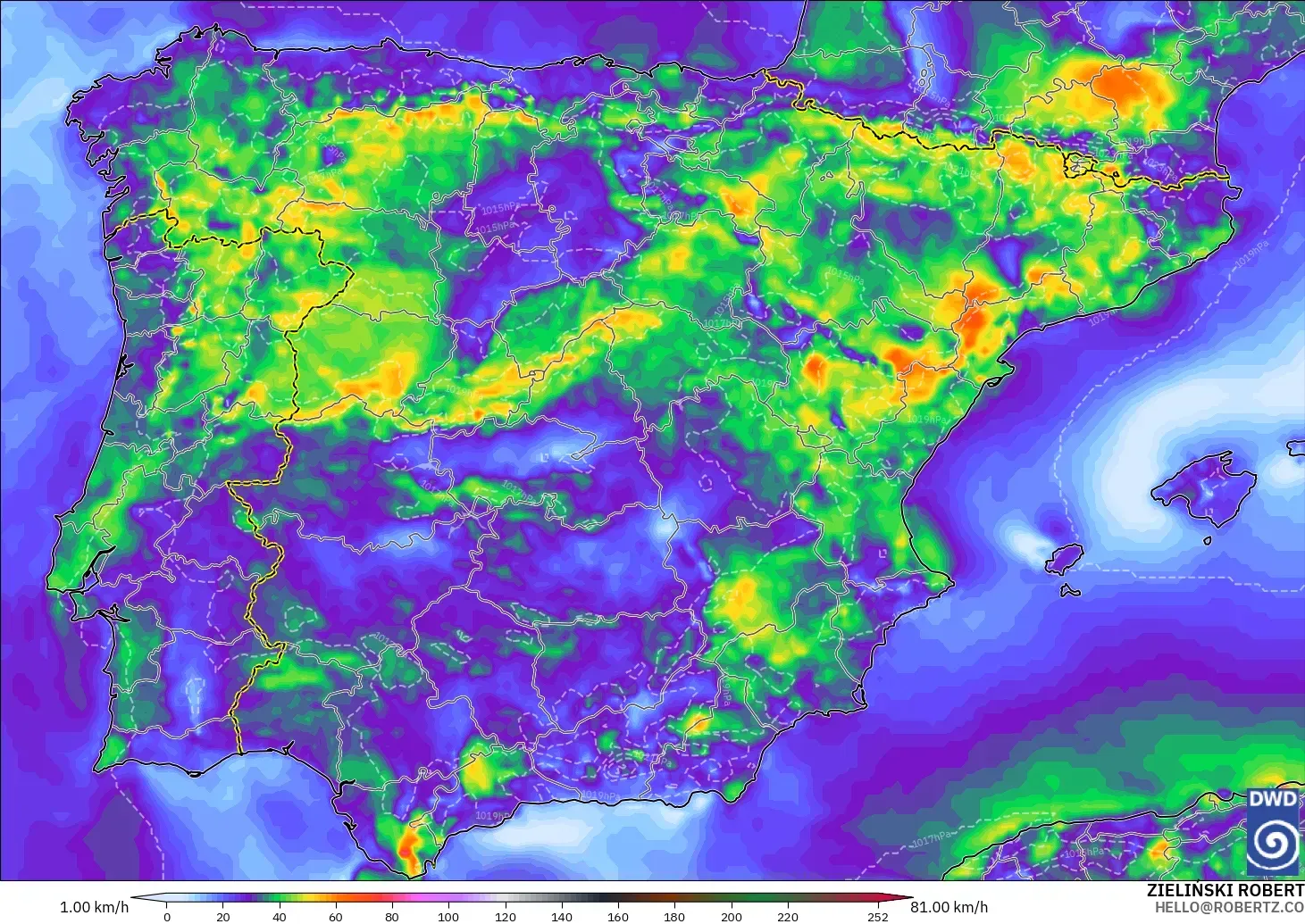ICON modelo - España, Ráfagas de viento
