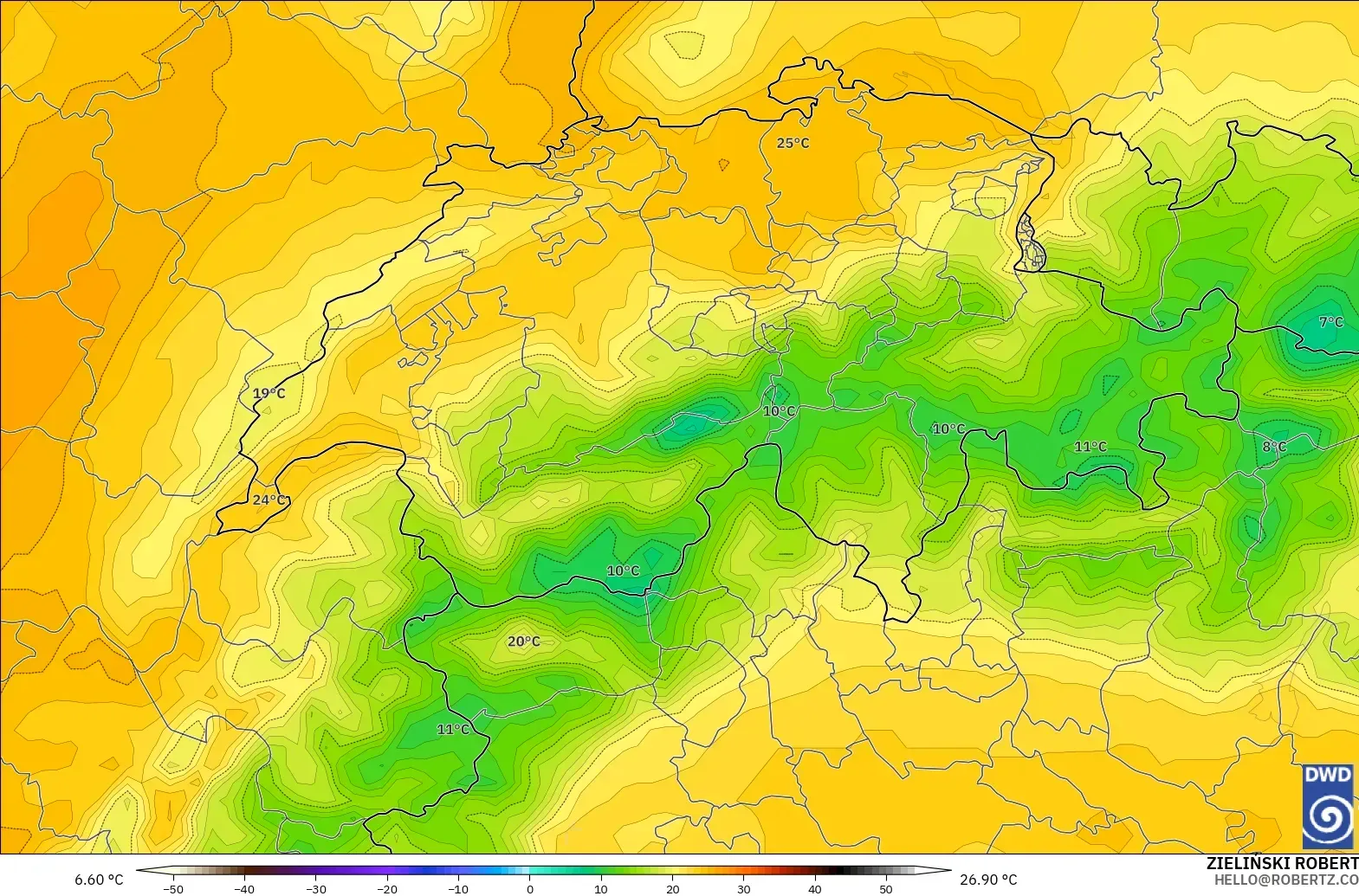 ICON modelo - Suiza, Temperatura a 850 hPa