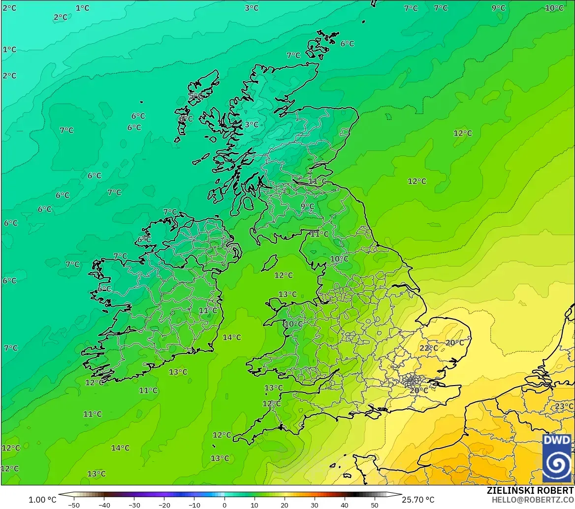 ICON modelo - Reino Unido, Temperatura a 850 hPa