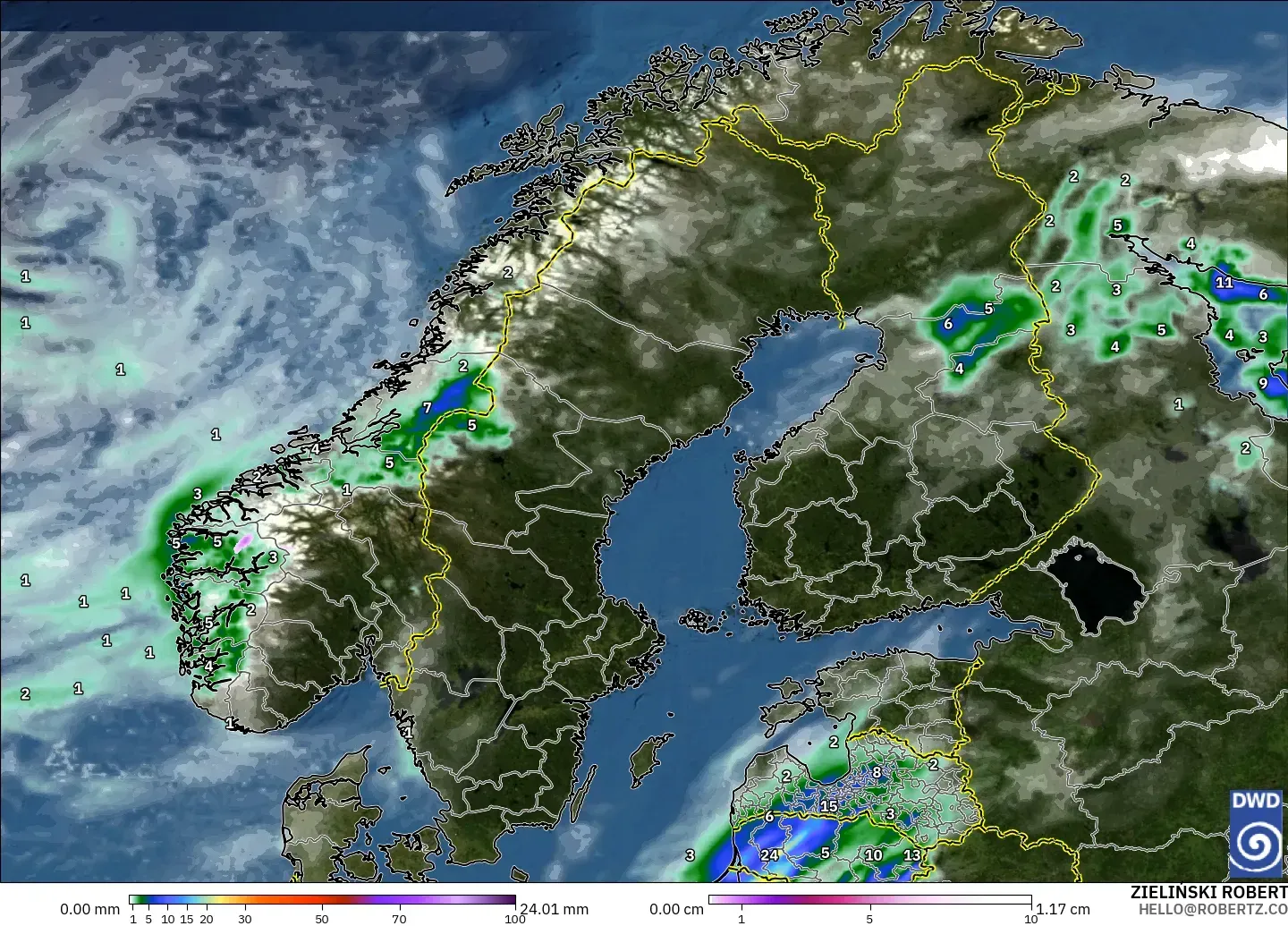ICON modelo - Escandinavia, Precipitación, nubes y presión