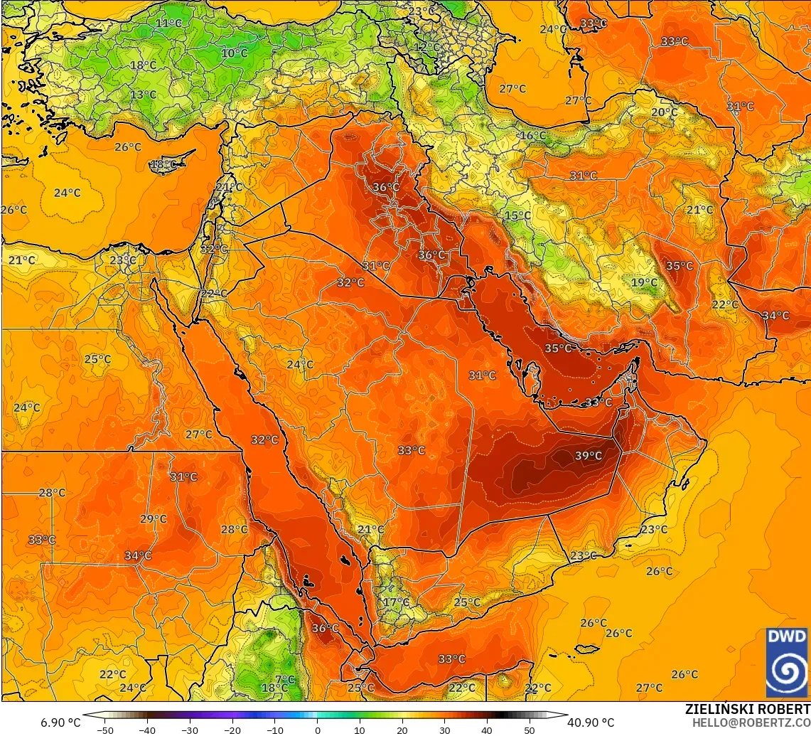 ICON modelo - Oriente Medio, Temperatura a 2 m