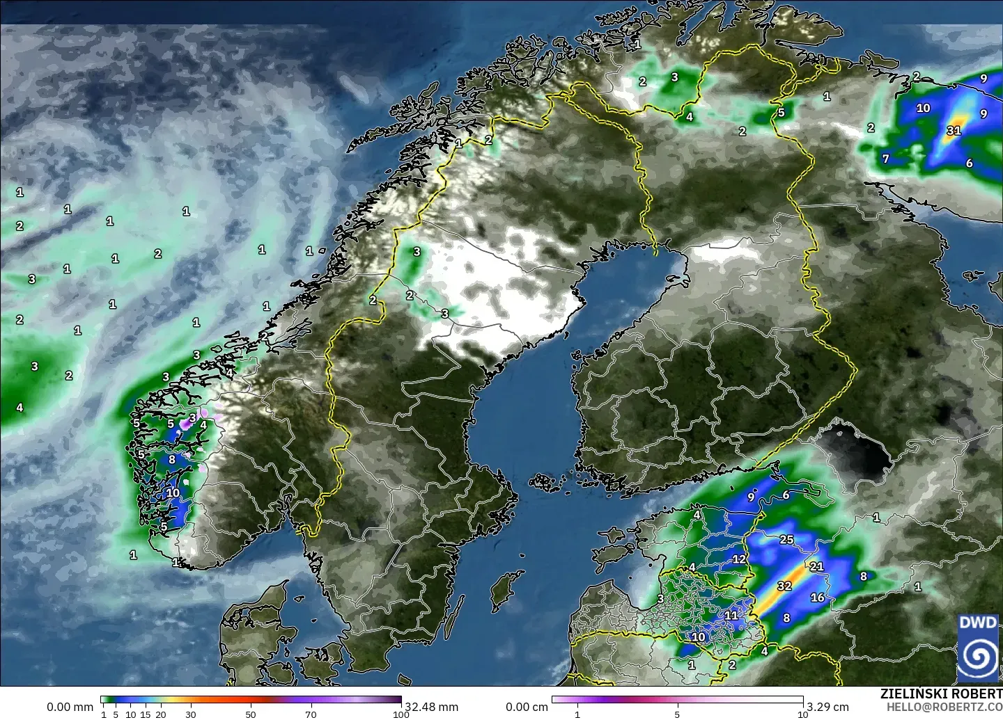 ICON modelo - Escandinavia, Precipitación, nubes y presión