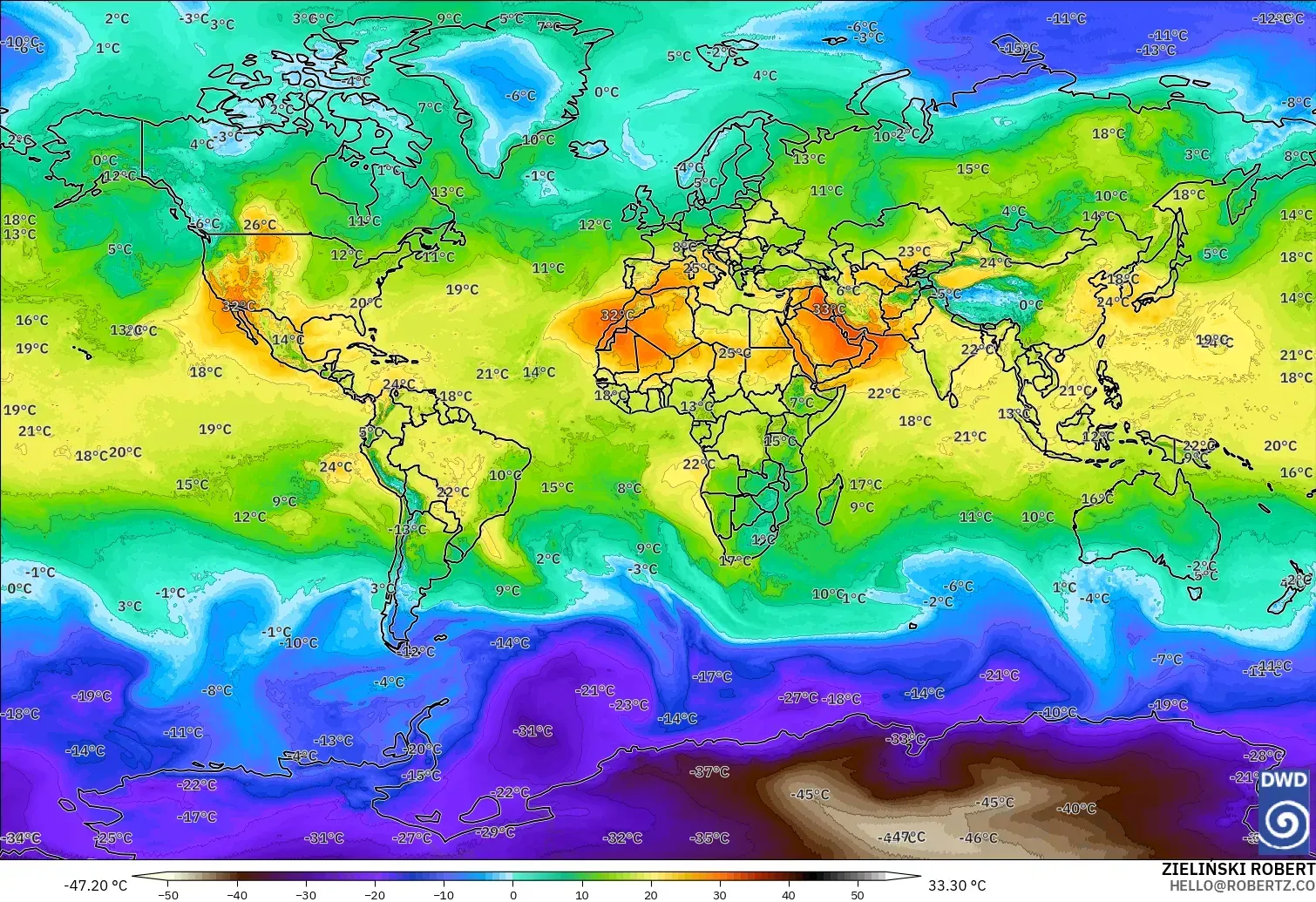 ICON modelo - Mundo, Temperatura a 850 hPa