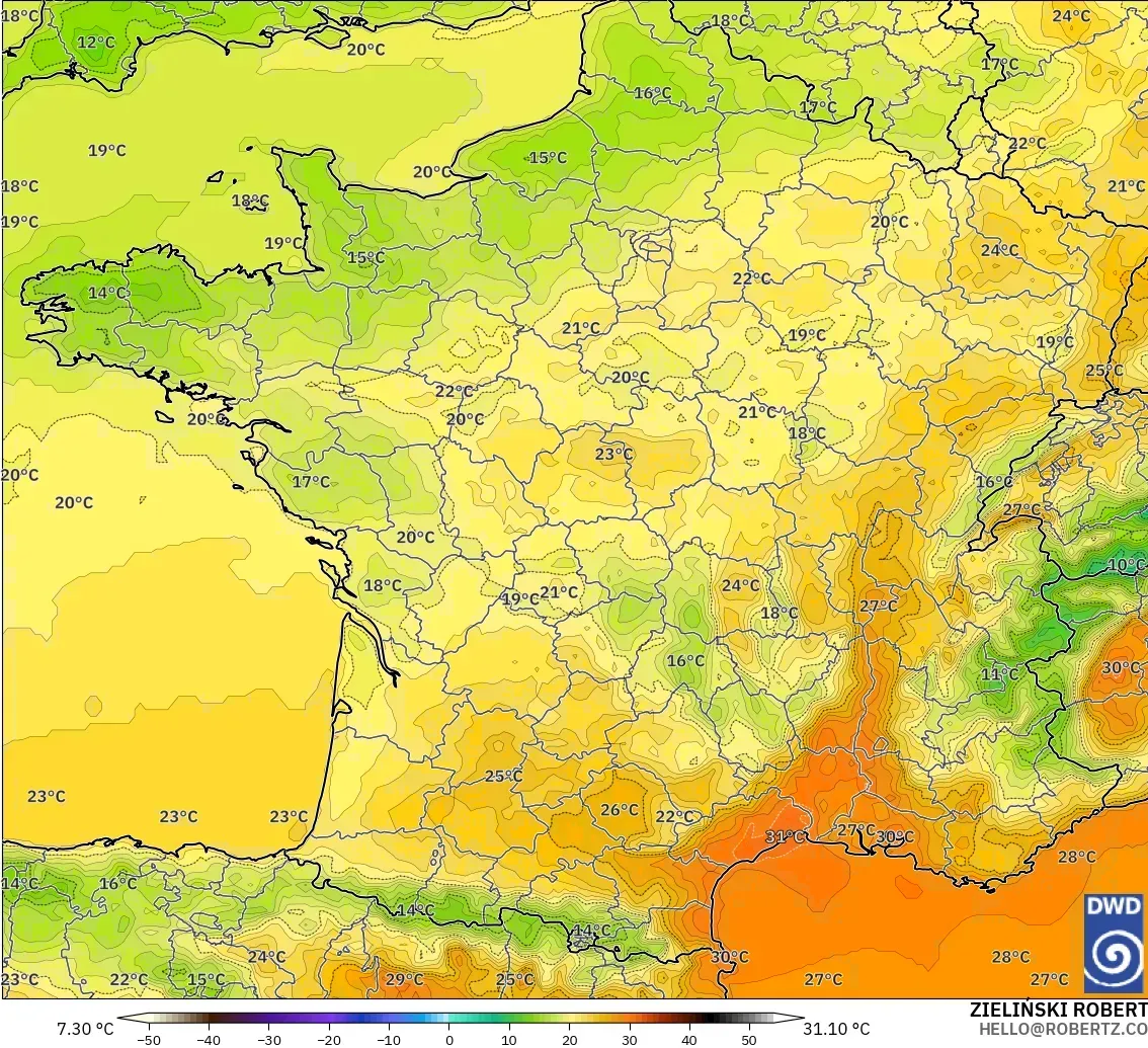 ICON modelo - Francia, Temperatura a 2 m