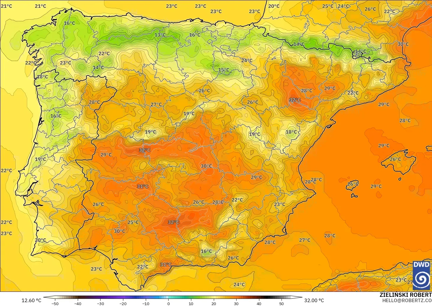 ICON modelo - España, Temperatura a 2 m