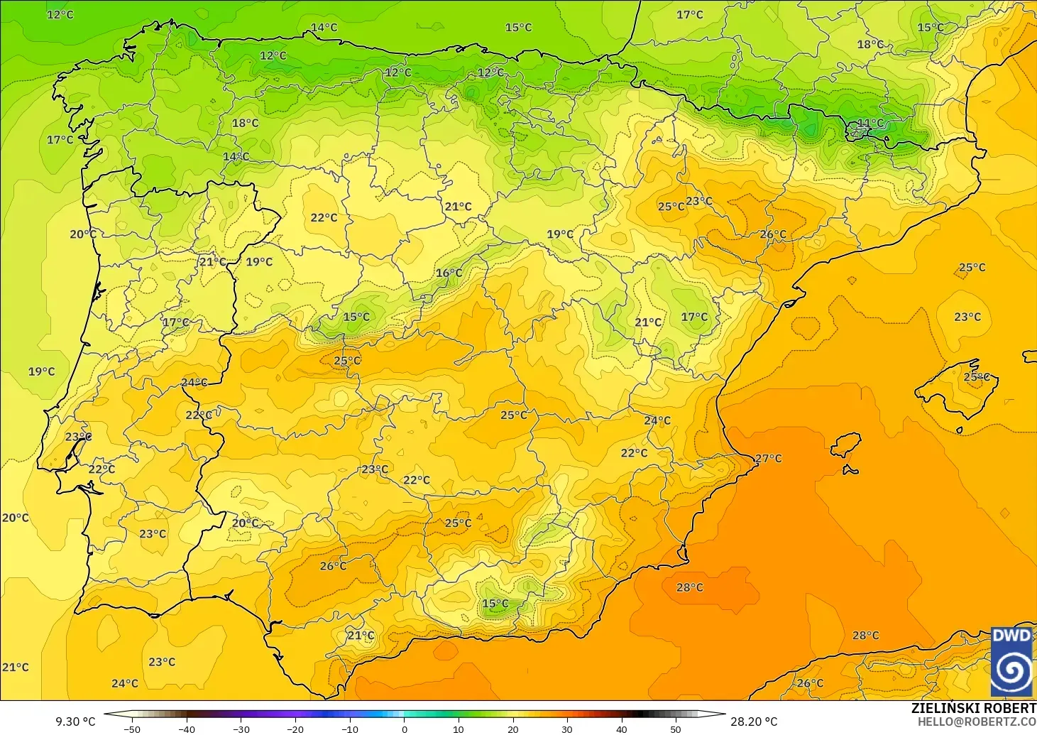 ICON modelo - España, Temperatura a 850 hPa