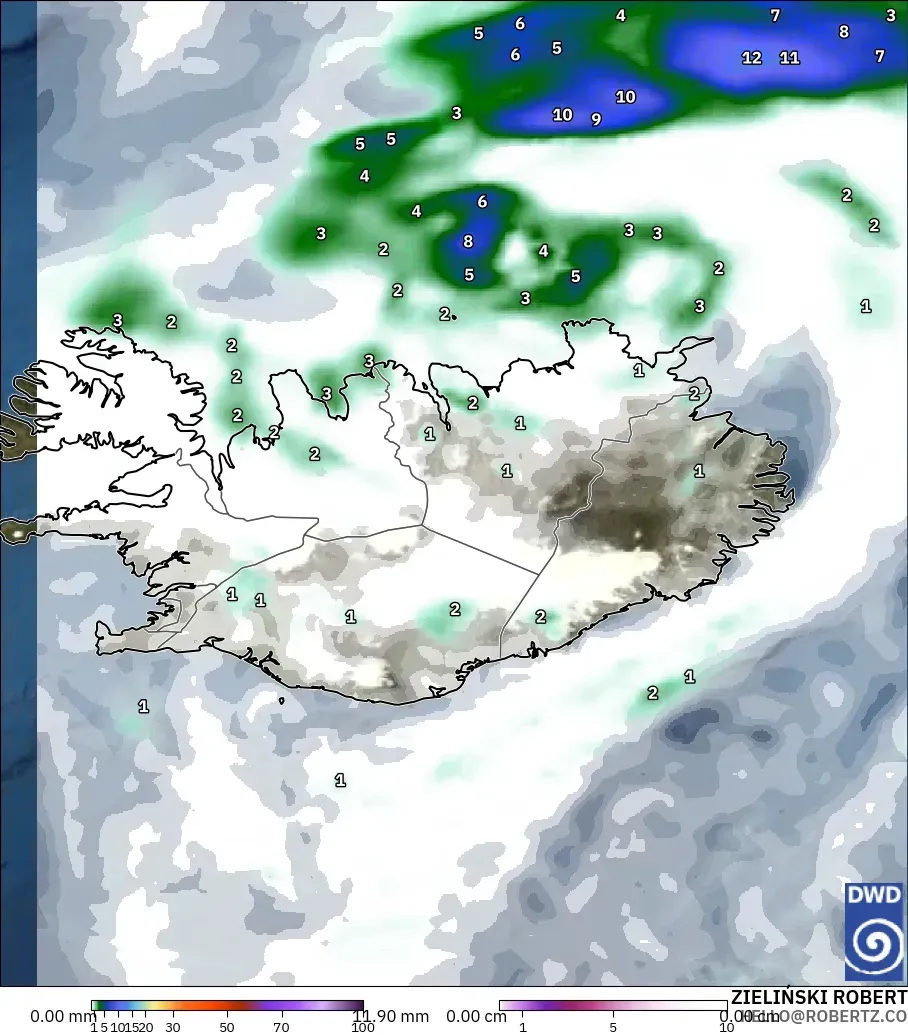 ICON modelo - Islandia, Precipitación, nubes y presión