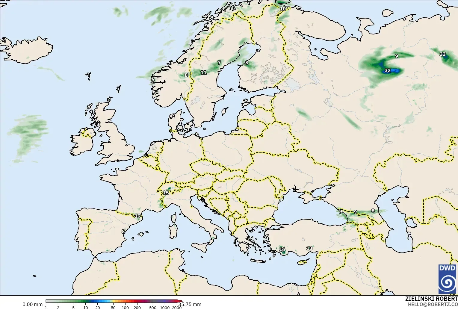 ICON modelo - Europa, Acumulación de precipitación