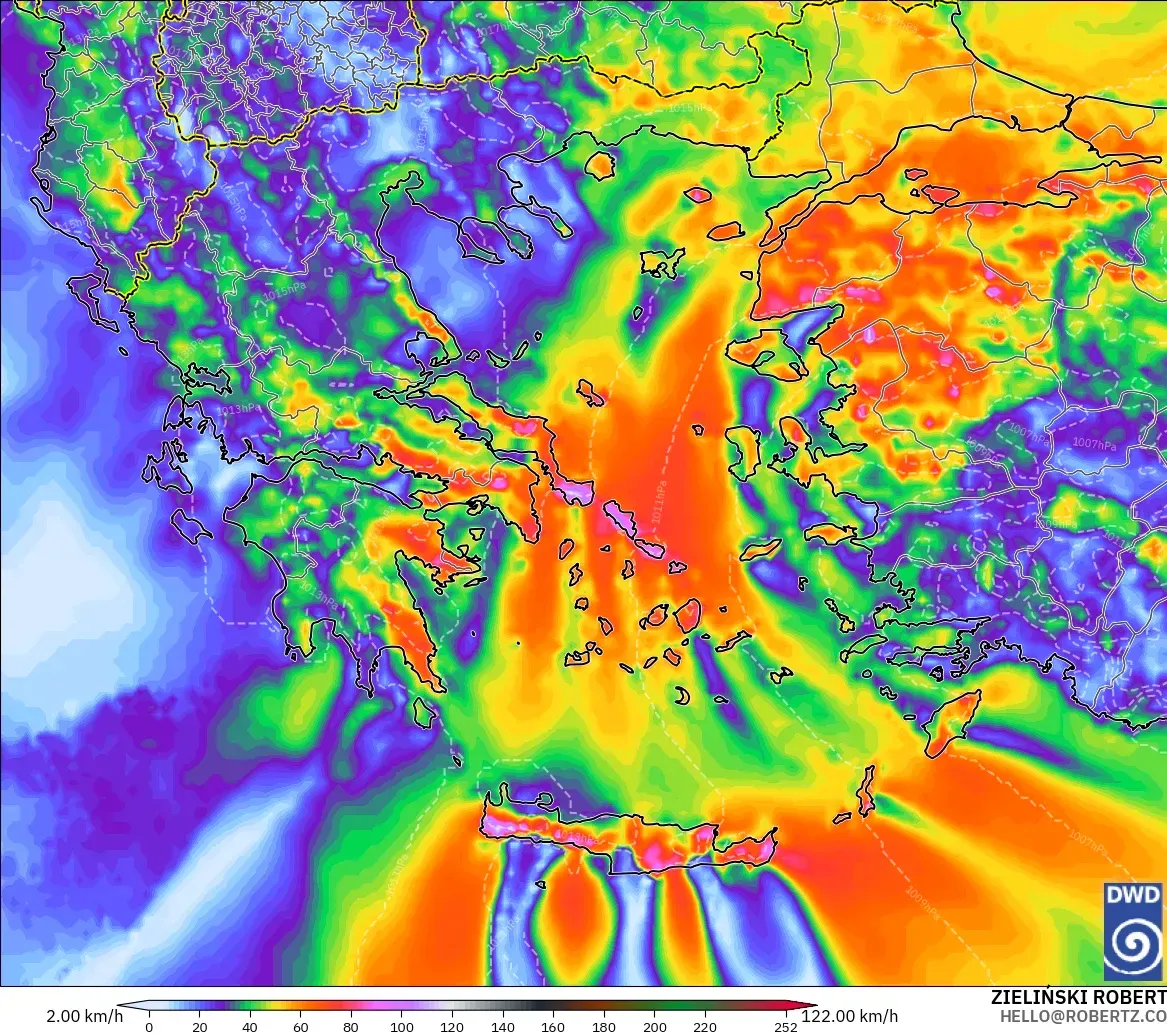 ICON modelo - Grecia, Ráfagas de Viento Máximas
