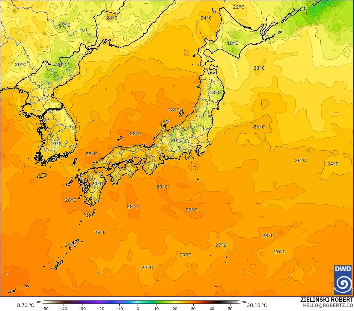 ICON modelo - Japón, Temperatura a 2 m