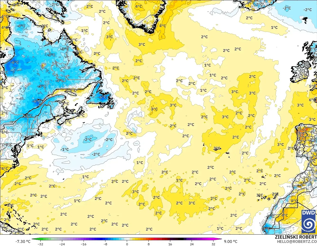 ICON modelo - Norte Atlántico, Anomalía de temperatura a 2 m