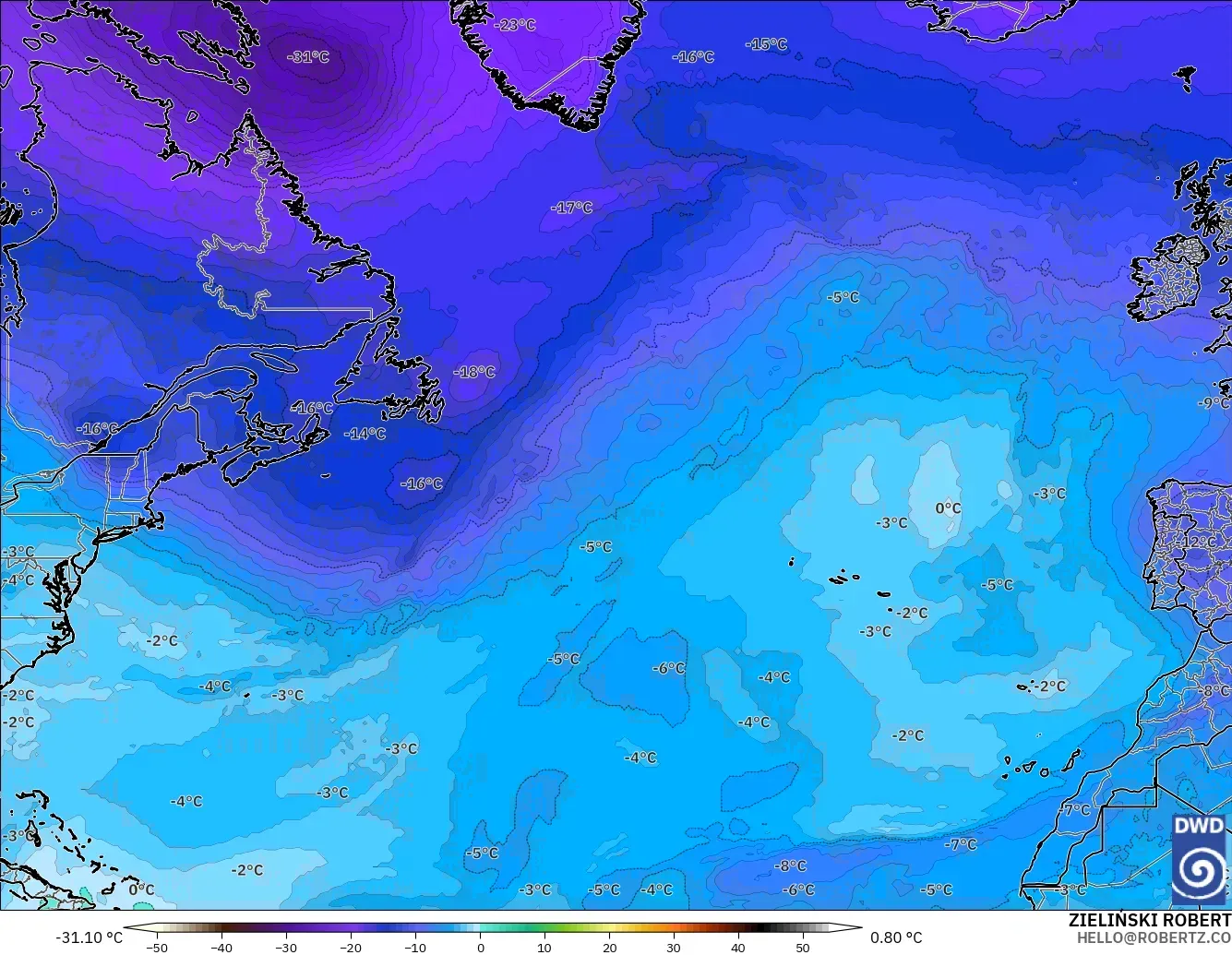 ICON modelo - Norte Atlántico, Temperatura a 500 hPa