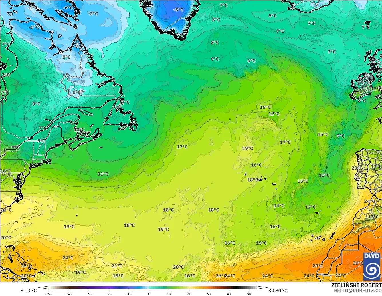 ICON modelo - Norte Atlántico, Temperatura a 850 hPa