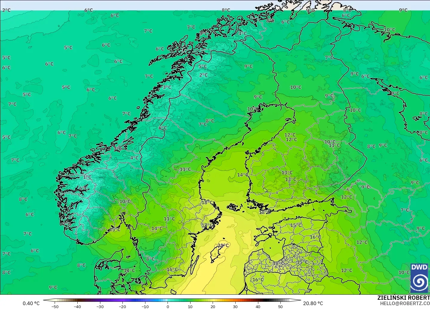 ICON modelo - Escandinavia, Temperatura a 850 hPa