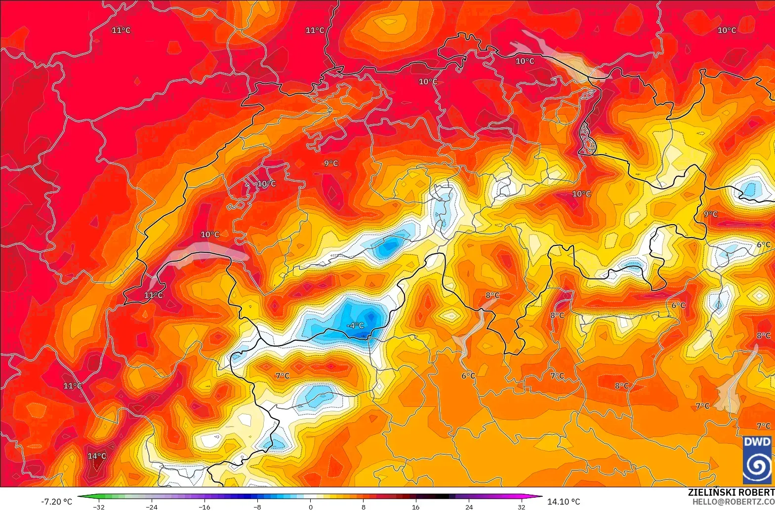 ICON modelo - Suiza, Anomalía de temperatura a 2 m