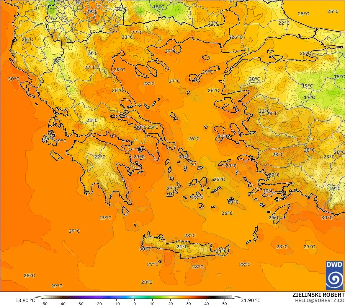 ICON modelo - Grecia, Temperatura a 2 m