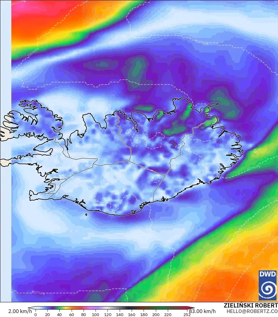 ICON modelo - Islandia, Ráfagas de Viento Máximas