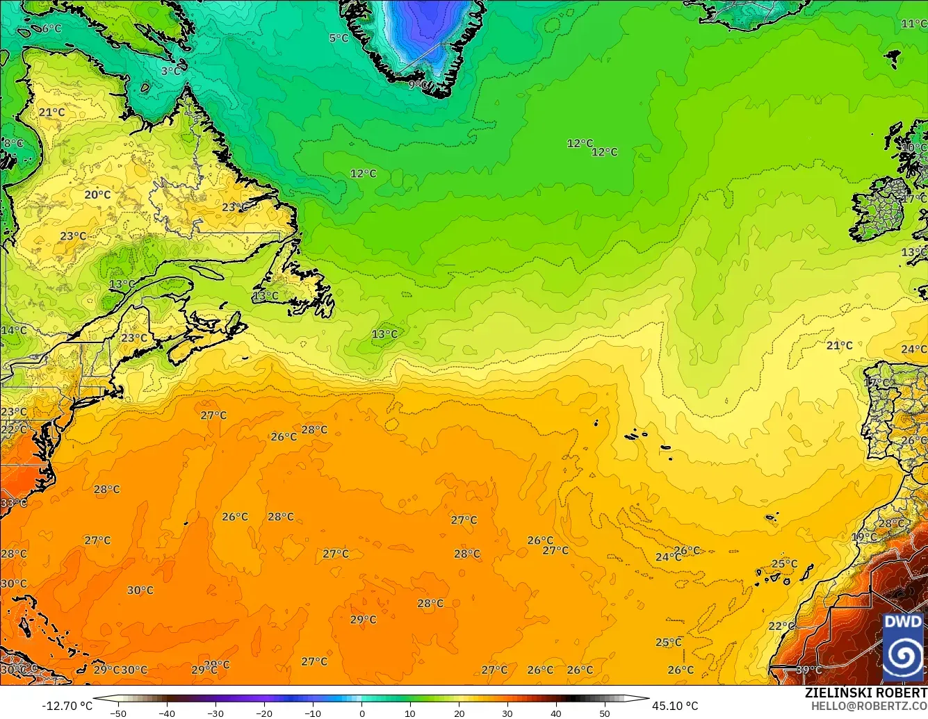 ICON modelo - Norte Atlántico, Temperatura a 2 m