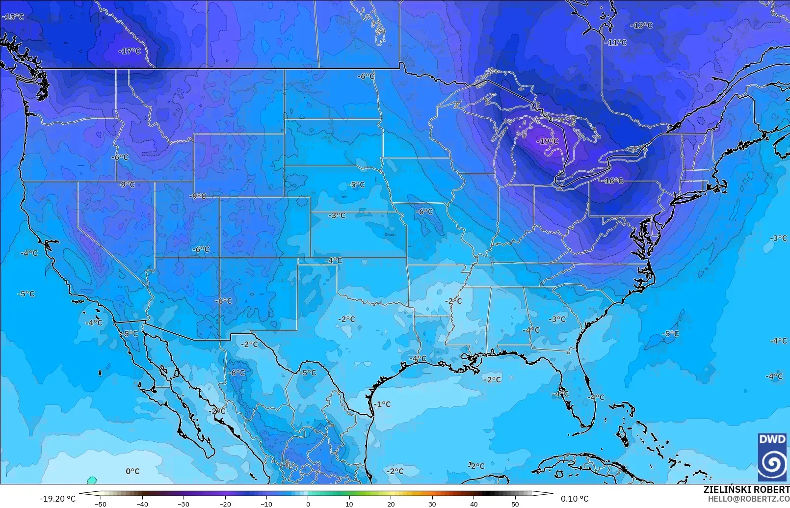 ICON modelo - Estados Unidos, Temperatura a 500 hPa