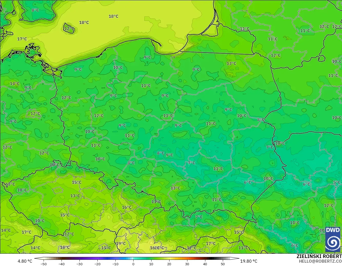 ICON modelo - Polonia, Temperatura a 2 m
