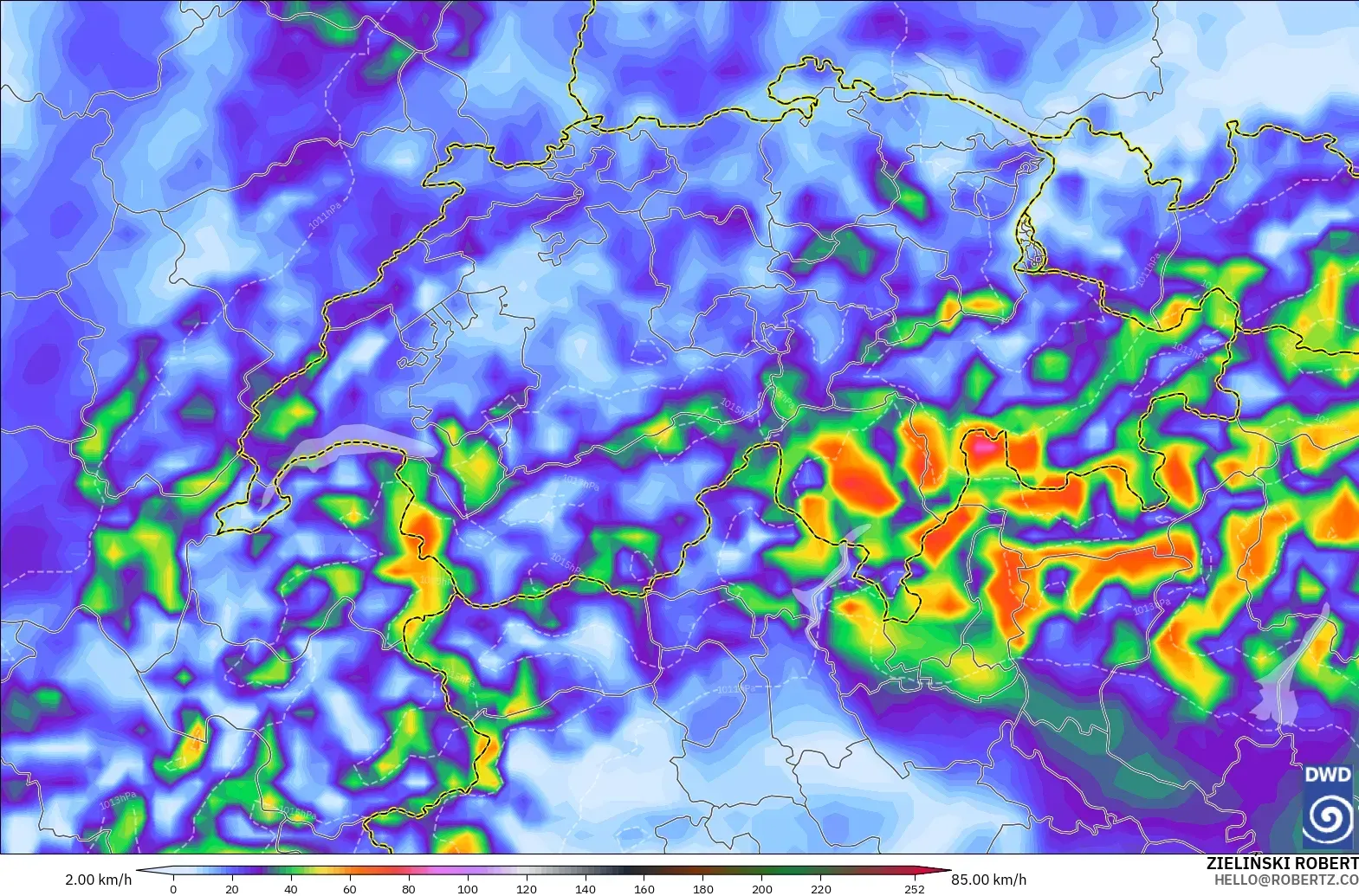 ICON modelo - Suiza, Ráfagas de Viento Máximas