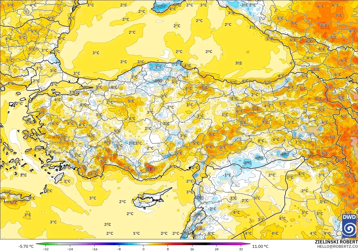 ICON modelo - Turquía, Anomalía de temperatura a 2 m