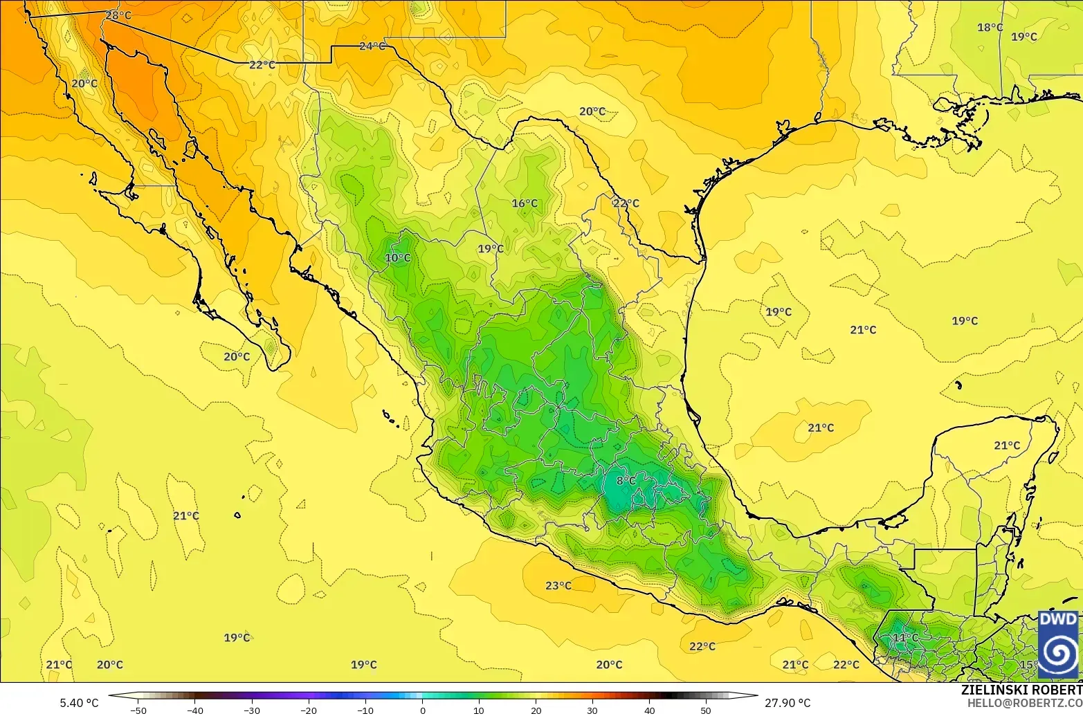 ICON modelo - México, Temperatura a 850 hPa
