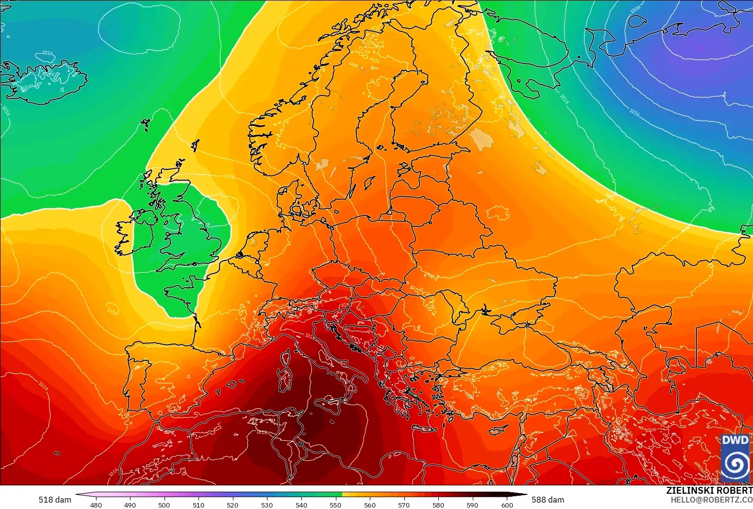 ICON modelo - Europa, Altura geopotencial a 500 hPa