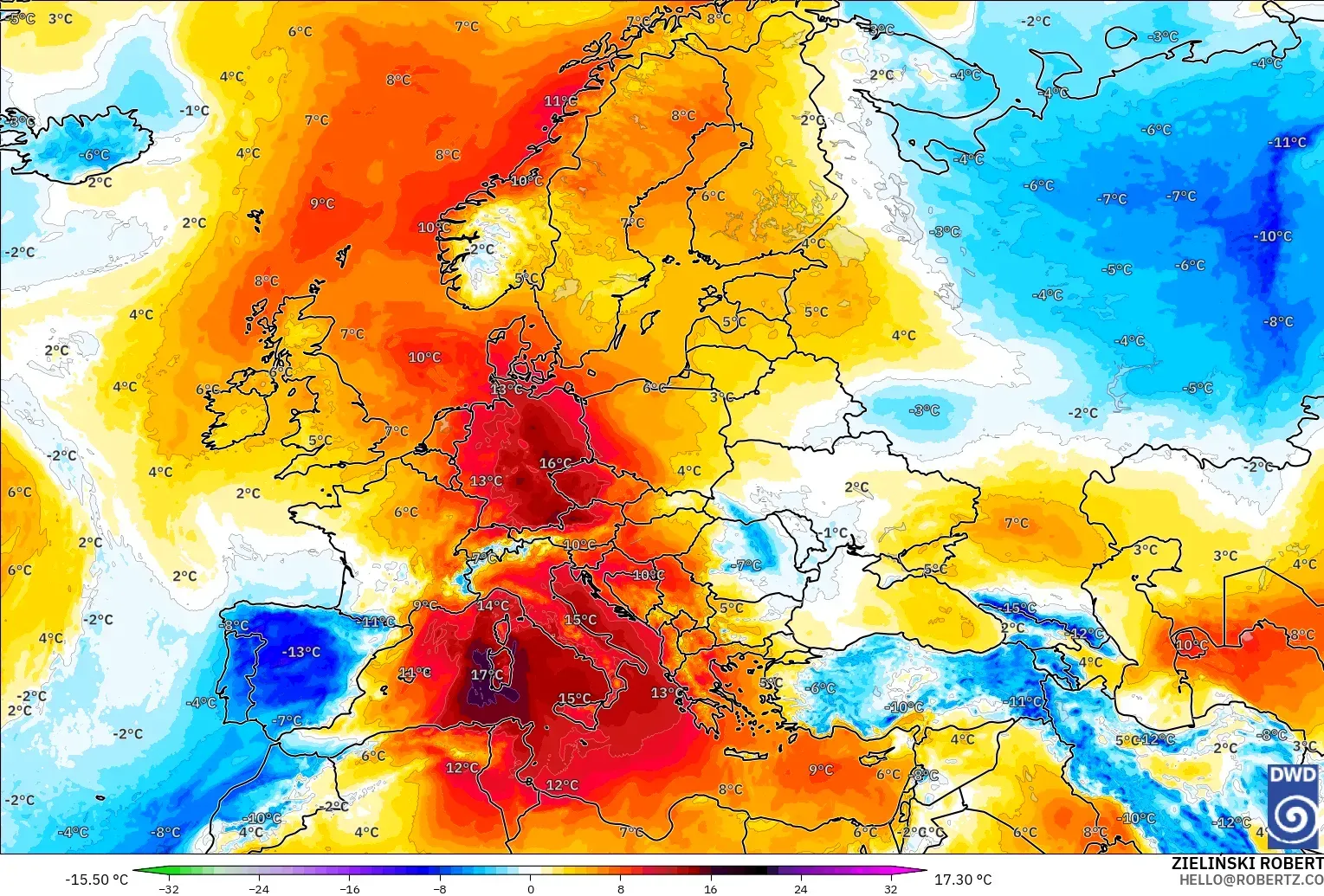 ICON modelo - Europa, Anomalía de temperatura a 850 hPa