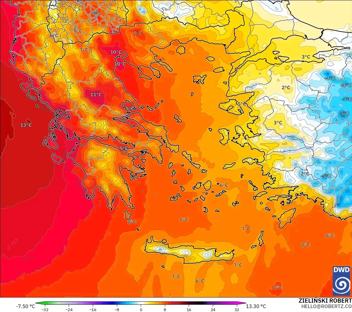 ICON modelo - Grecia, Anomalía de temperatura a 850 hPa
