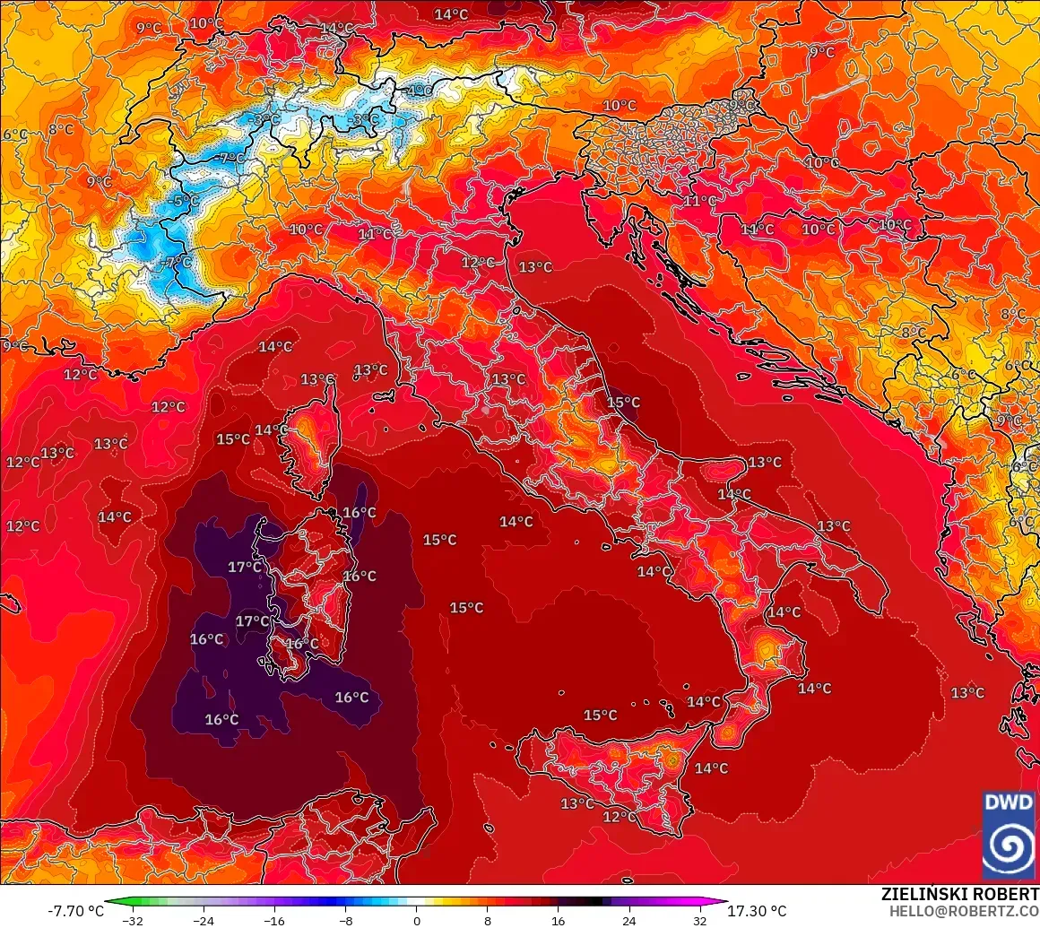 ICON modelo - Italia, Anomalía de temperatura a 850 hPa