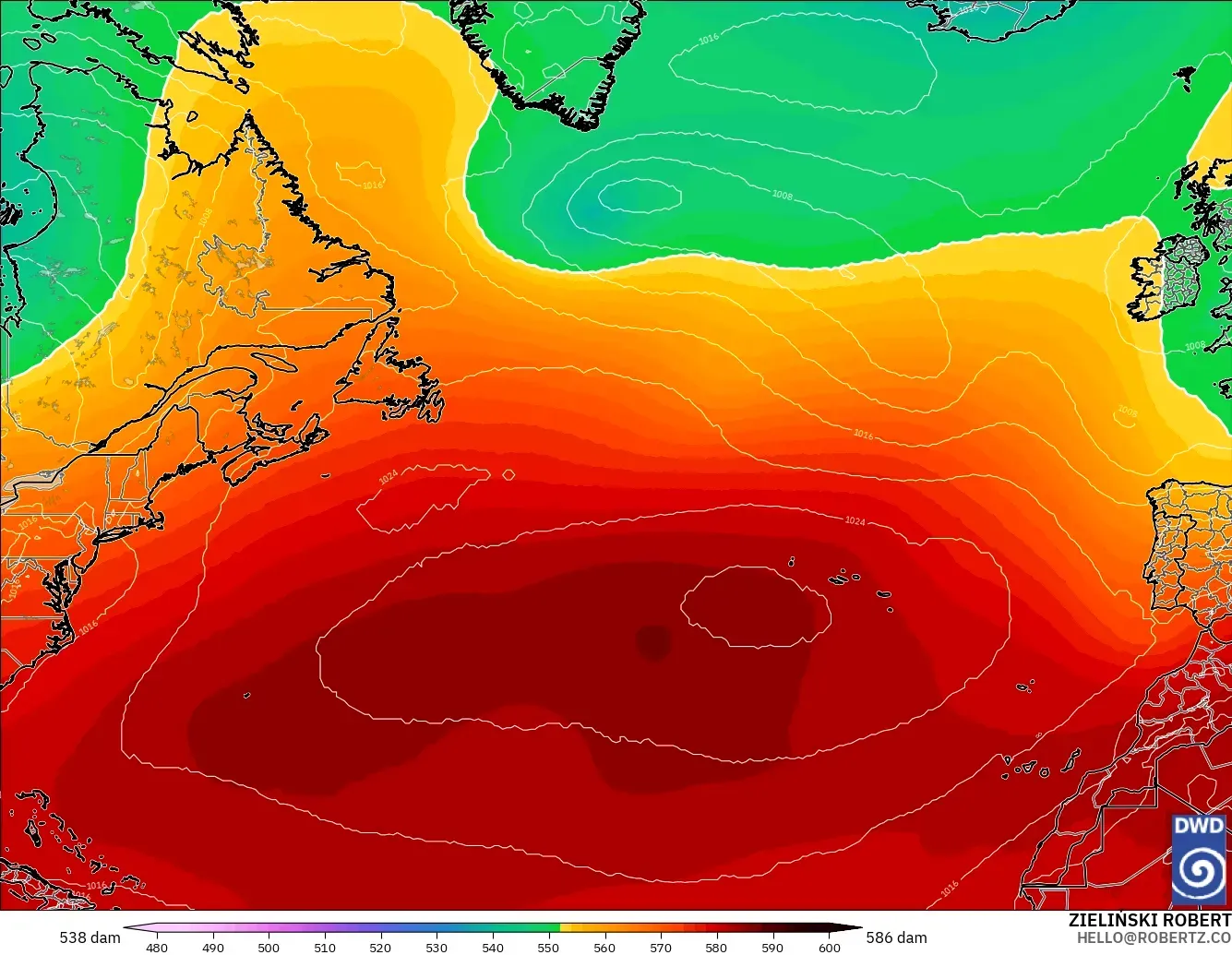 ICON modelo - Norte Atlántico, Altura geopotencial a 500 hPa