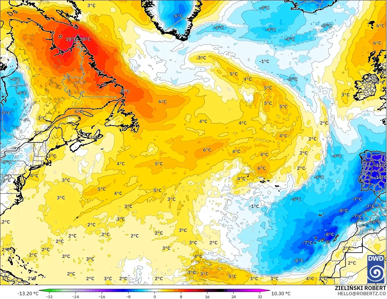 ICON modelo - Norte Atlántico, Anomalía de temperatura a 850 hPa