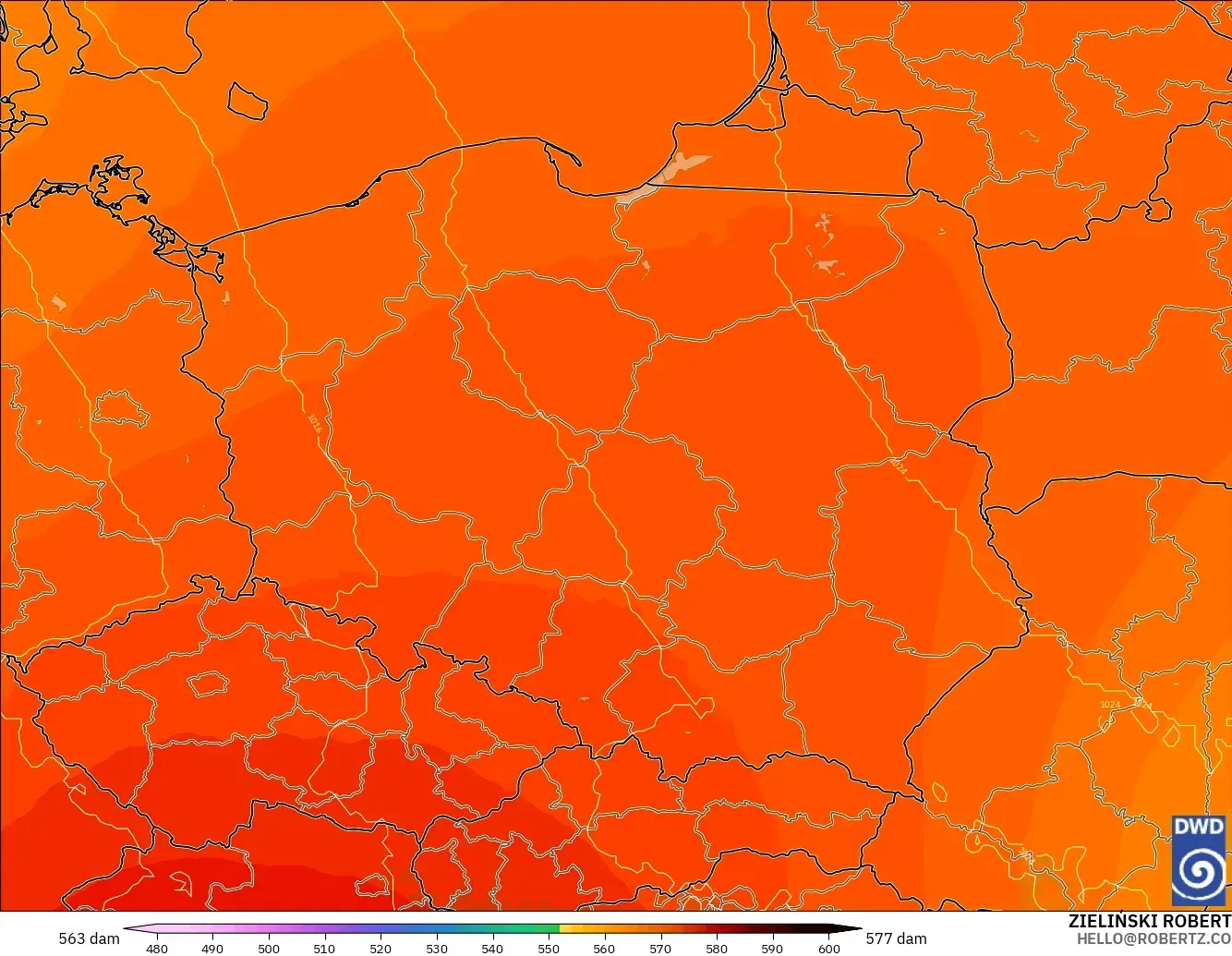 ICON modelo - Polonia, Altura geopotencial a 500 hPa