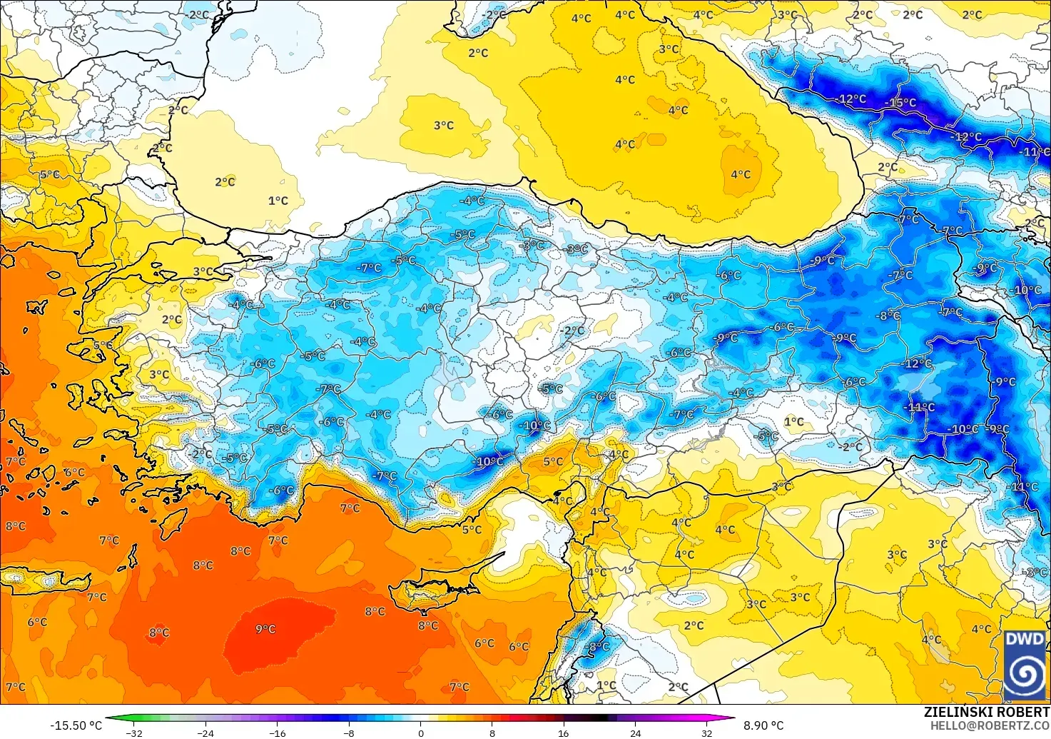 ICON modelo - Turquía, Anomalía de temperatura a 850 hPa