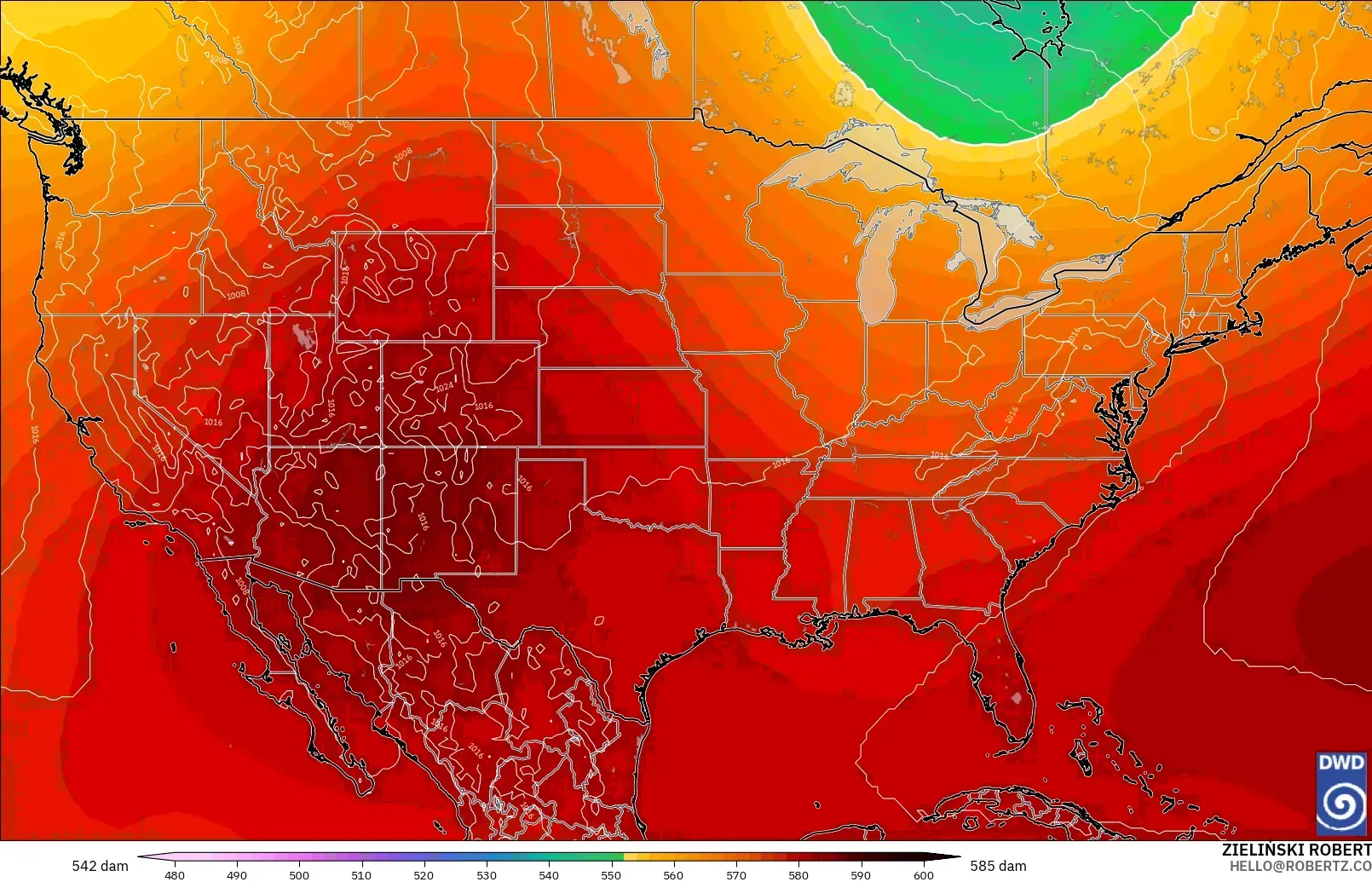 ICON modelo - Estados Unidos, Altura geopotencial a 500 hPa