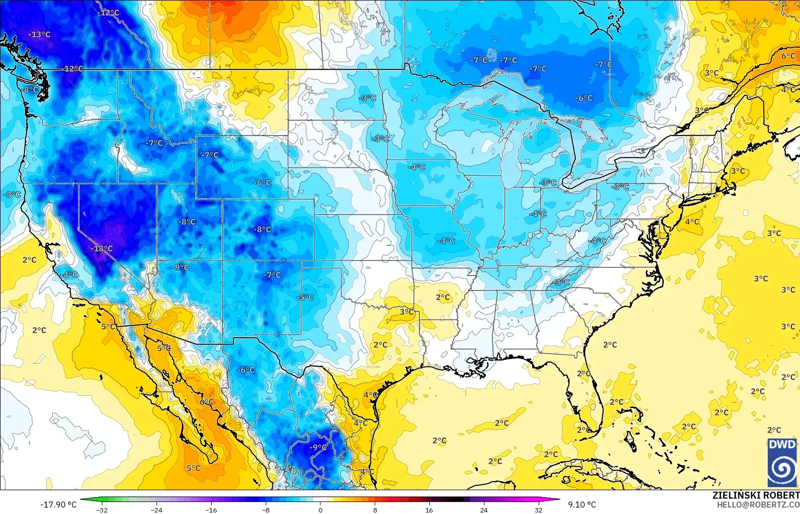 ICON modelo - Estados Unidos, Anomalía de temperatura a 850 hPa