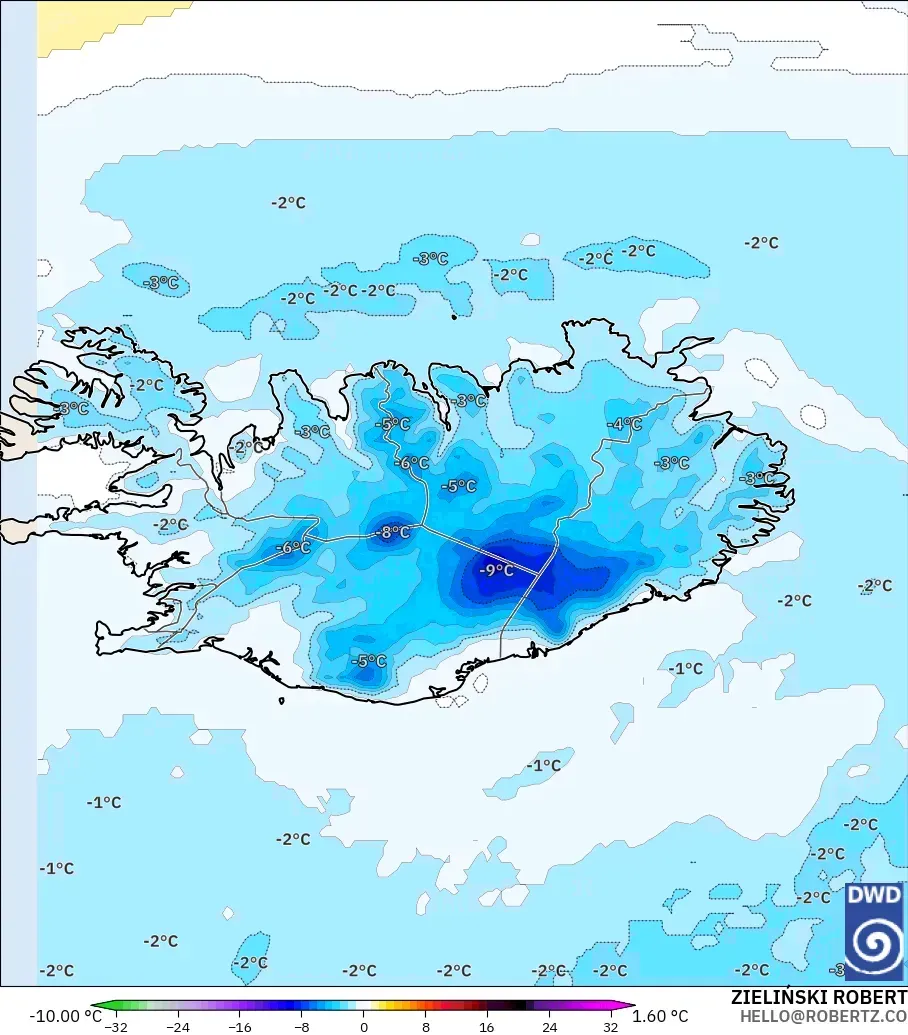 ICON modelo - Islandia, Anomalía de temperatura a 850 hPa