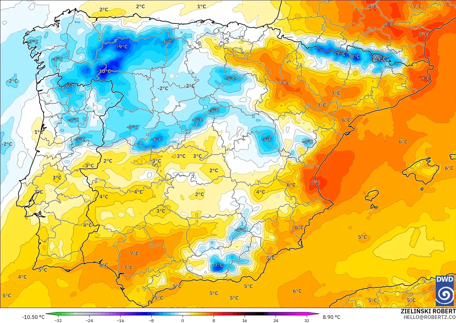 ICON modelo - España, Anomalía de temperatura a 850 hPa