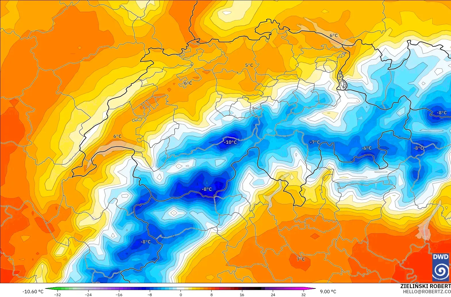 ICON modelo - Suiza, Anomalía de temperatura a 850 hPa