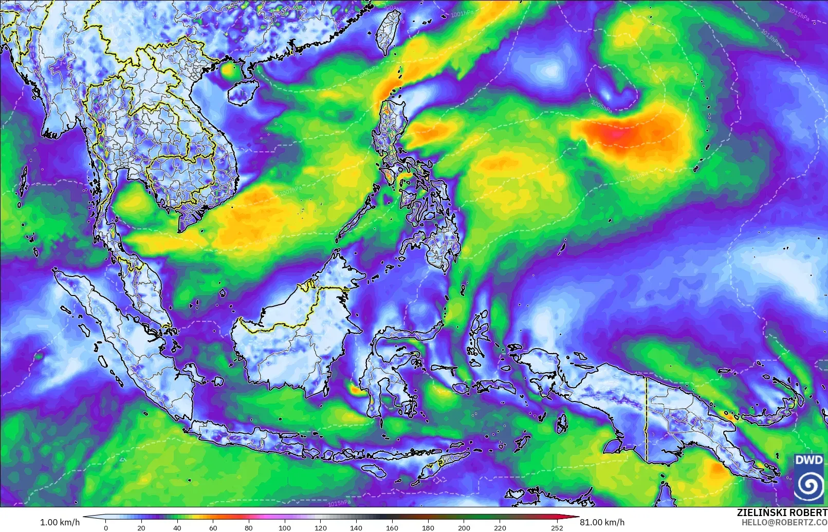 ICON modelo - Sudeste Asiático, Ráfagas de viento