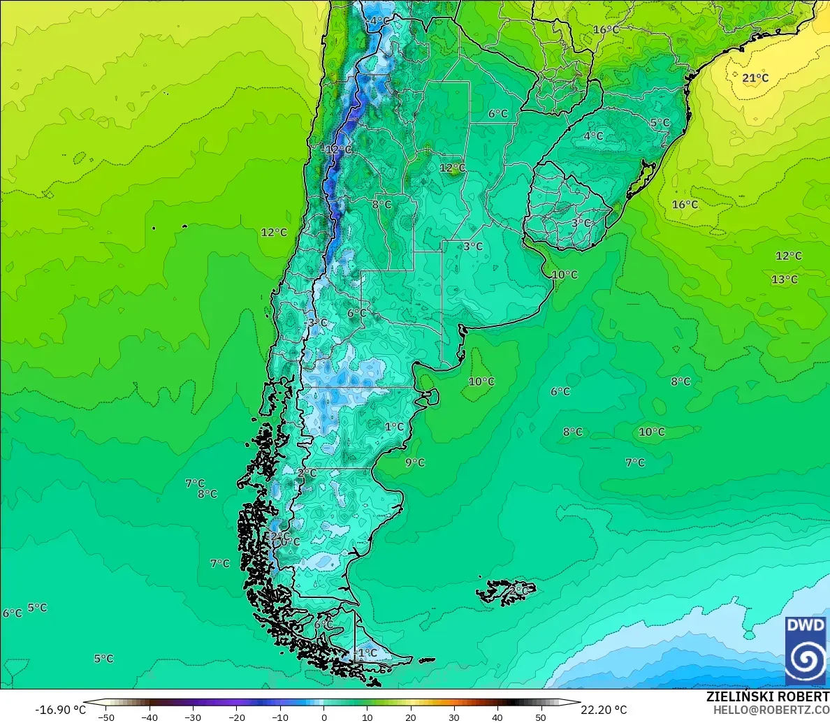 ICON modelo - Argentina, Temperatura a 2 m
